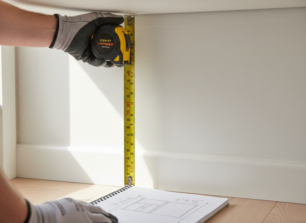 person measuring closet wall height with tape measure for diy closet organizer wood project