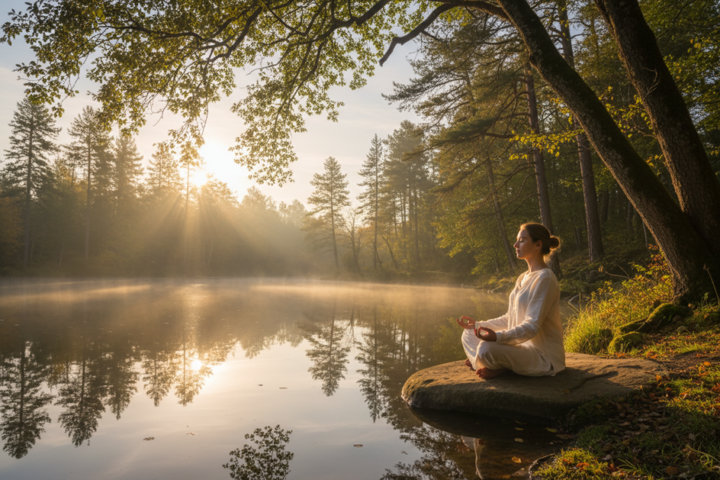 person meditating in peaceful nature setting for stress reduction