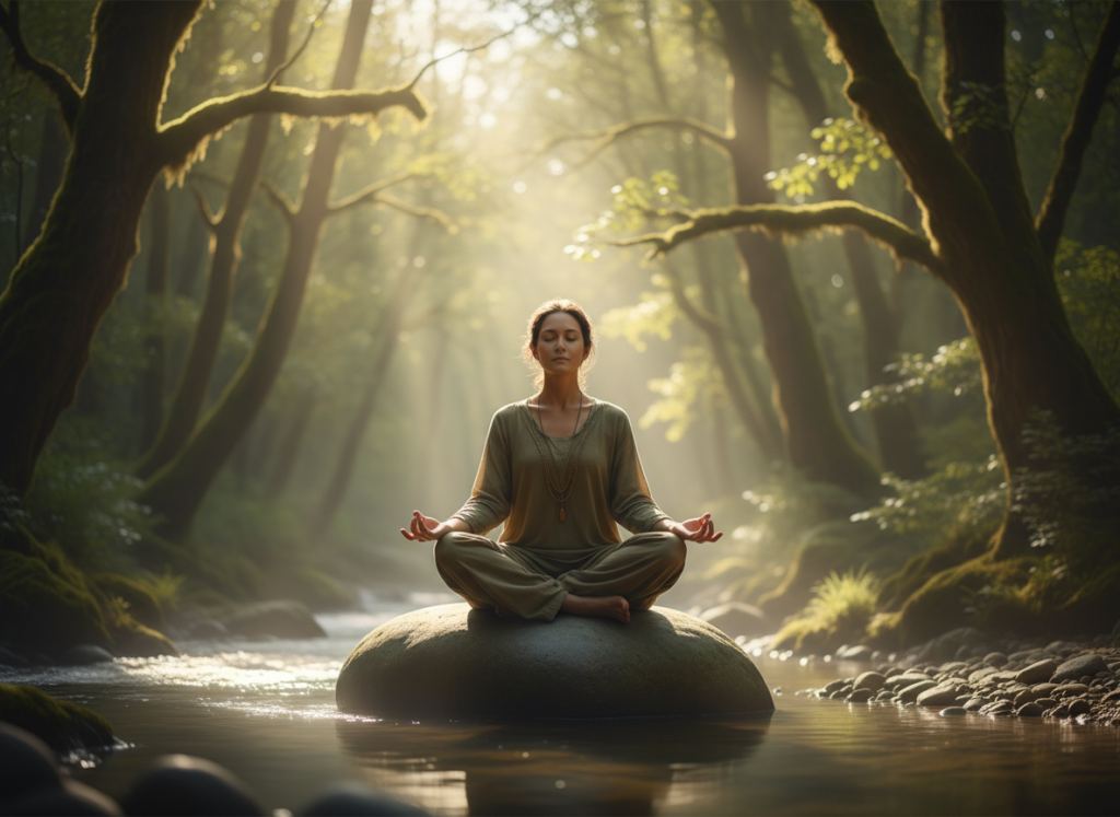 person meditating peacefully in nature for stress reduction and brain health