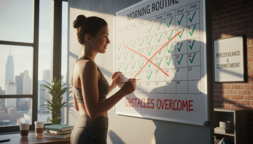person overcoming challenges and staying committed to morning routine goals