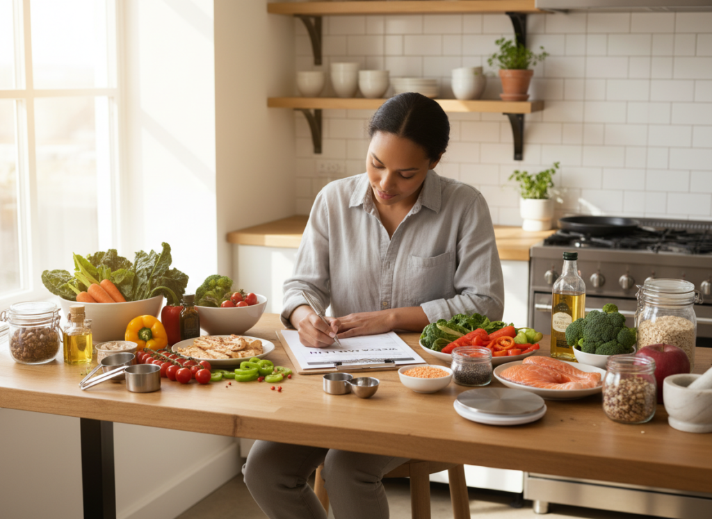 person planning weekly meals with healthy ingredients