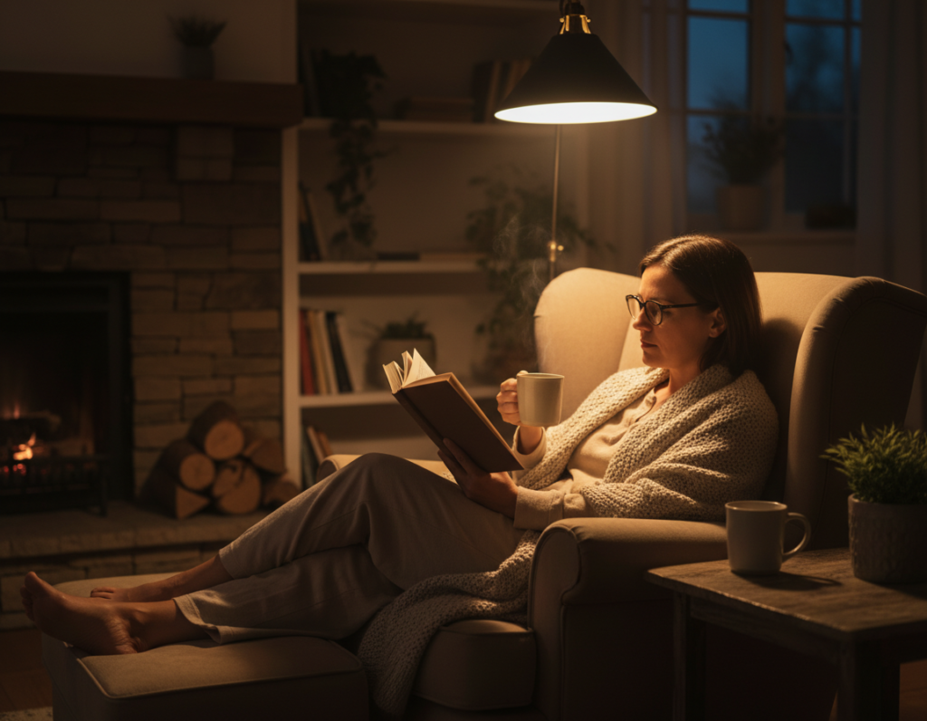 person practicing evening relaxation routine for better sleep person practicing evening relaxation routine for better sleep
