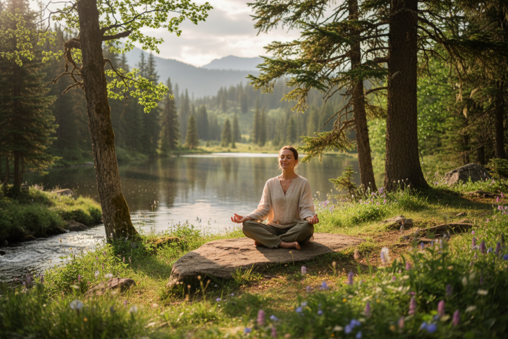 person practicing stress-reduction meditation in peaceful natural setting