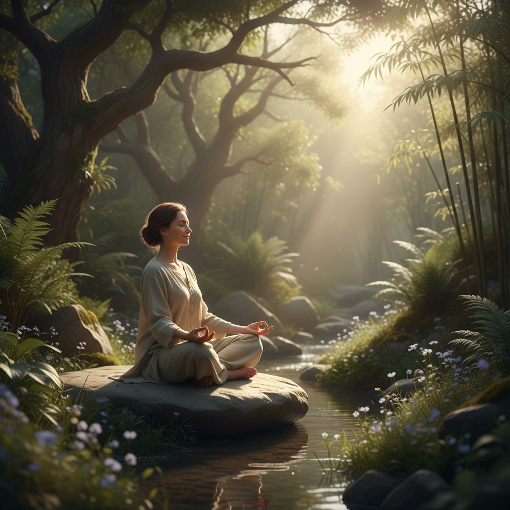 person practicing stress-relief meditation outdoors person practicing stress-relief meditation outdoors