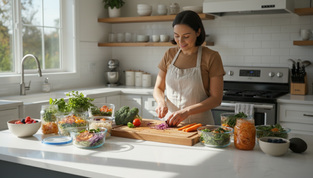 person preparing healthy food in a calm kitchen environment