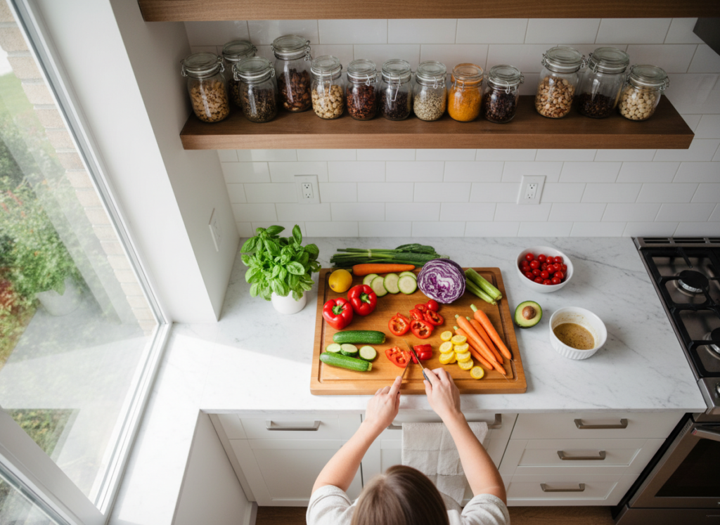 person preparing healthy meal in kitchen person preparing healthy meal in kitchen