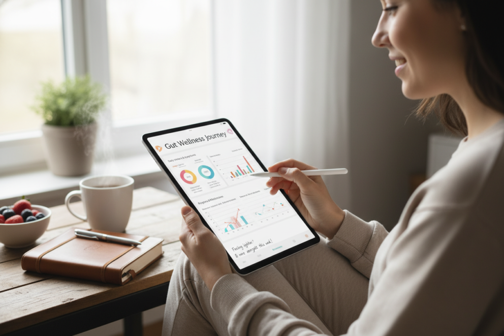 person reviewing health journal and tracking gut health progress