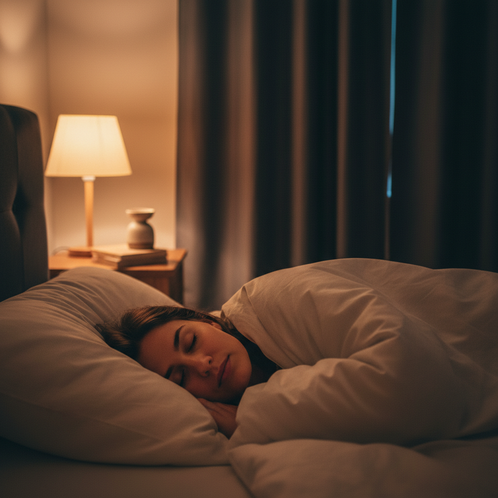 person sleeping peacefully in dark comfortable bedroom
