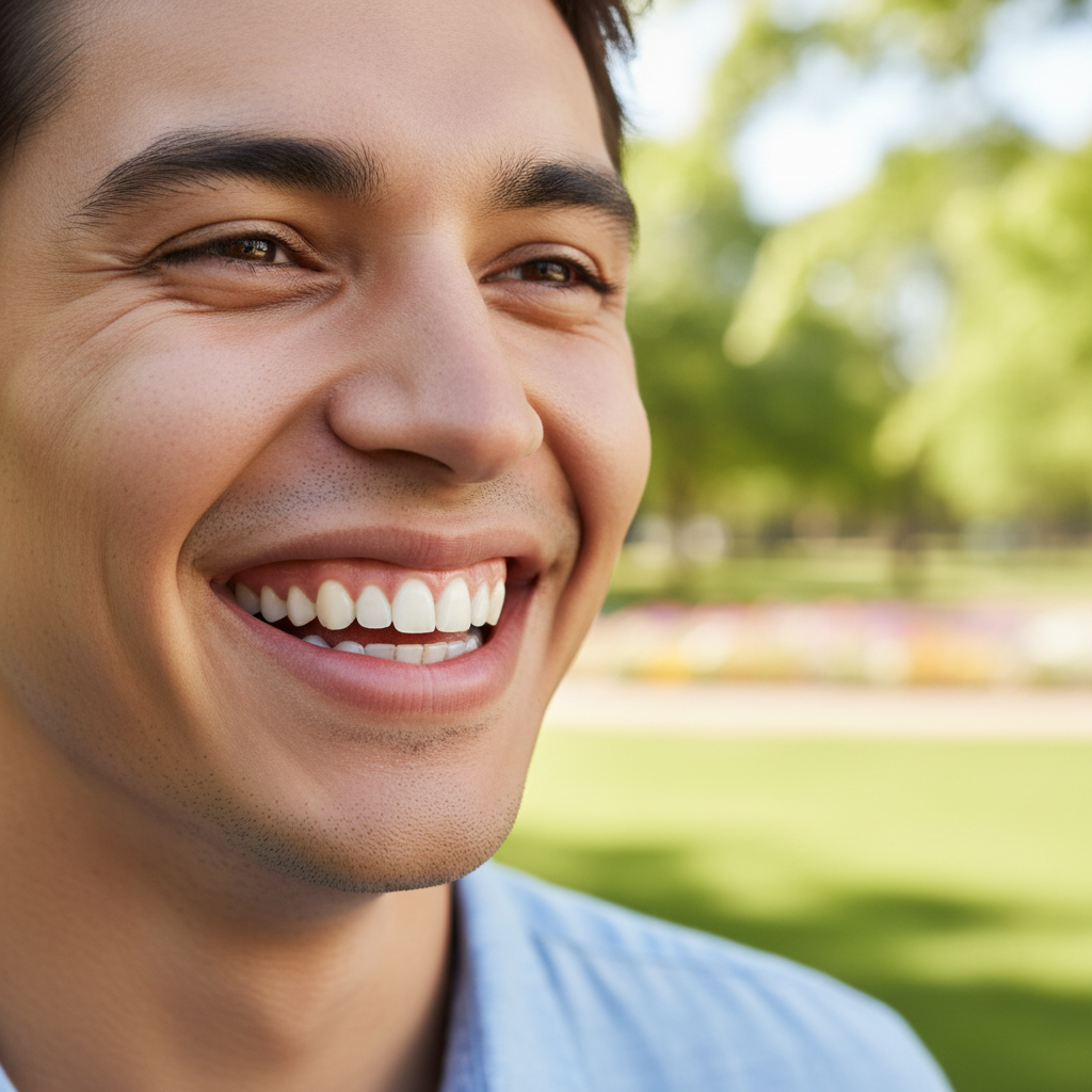 person smiling confidently showing healthy gums and strong teeth