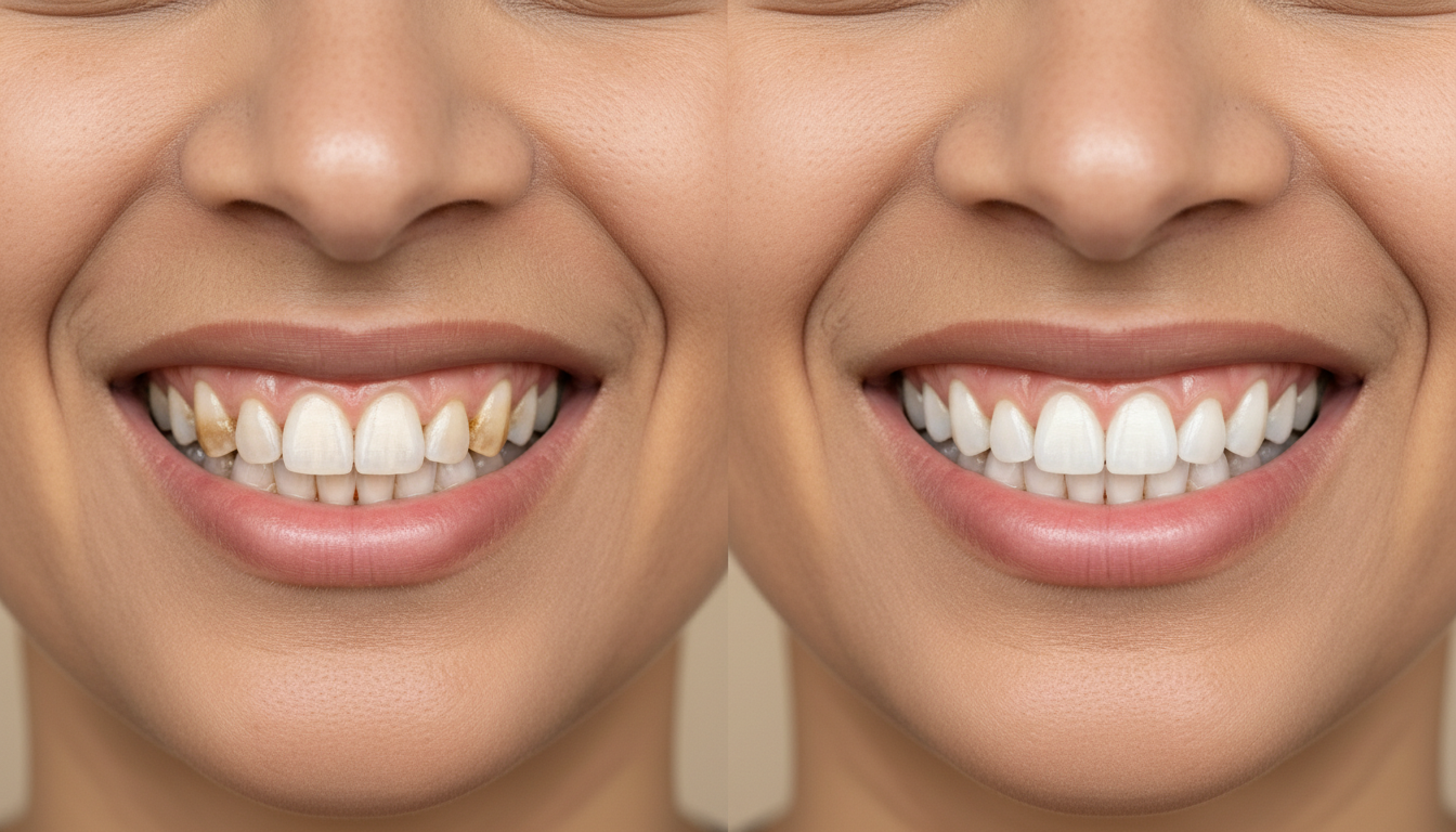 person smiling showing white teeth before and after removing brown stains naturally