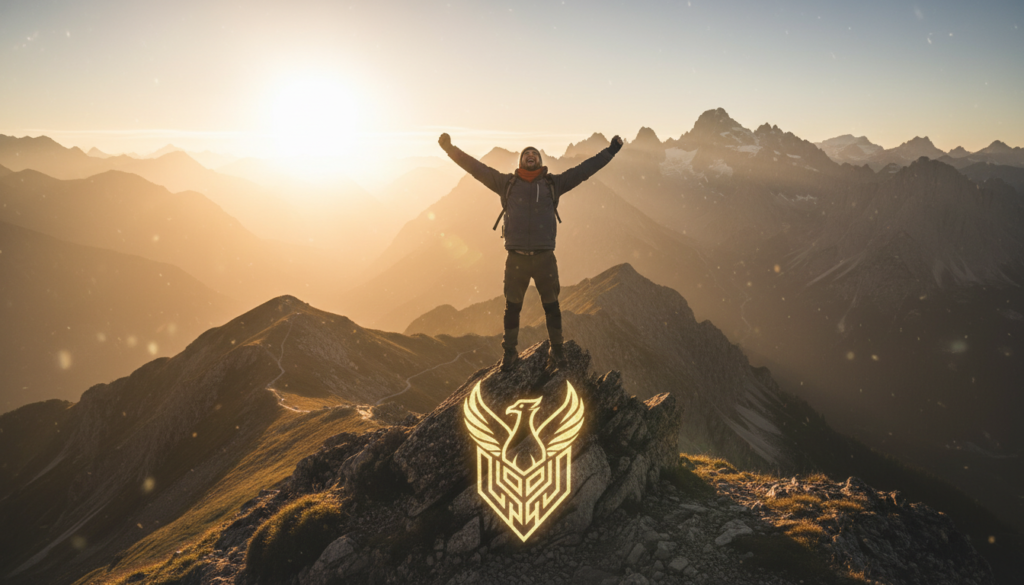 person standing confidently at mountain peak person standing confidently at mountain peak