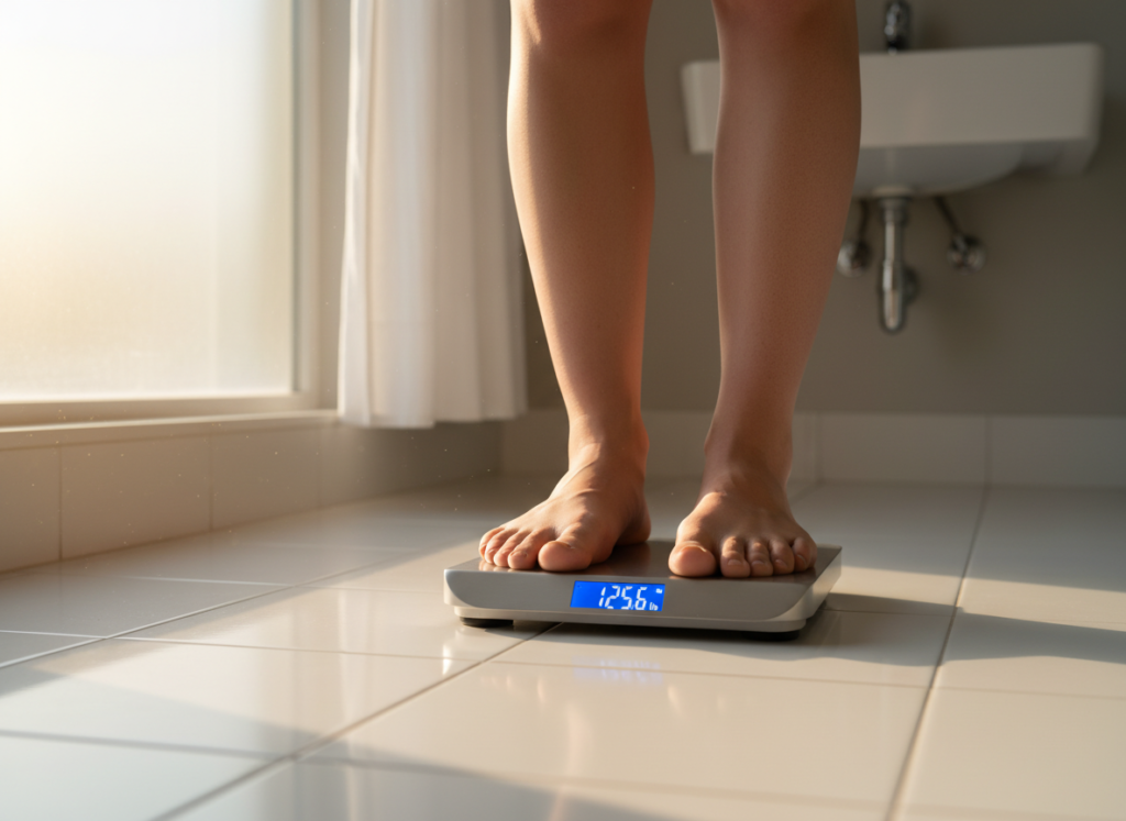 person standing on scale making decision moment person standing on scale making decision moment