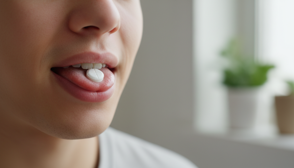 person using oral probiotic lozenge
