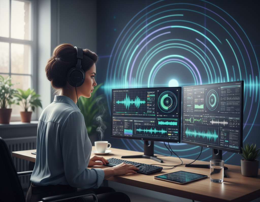 person wearing headphones while working with sound waves visualization