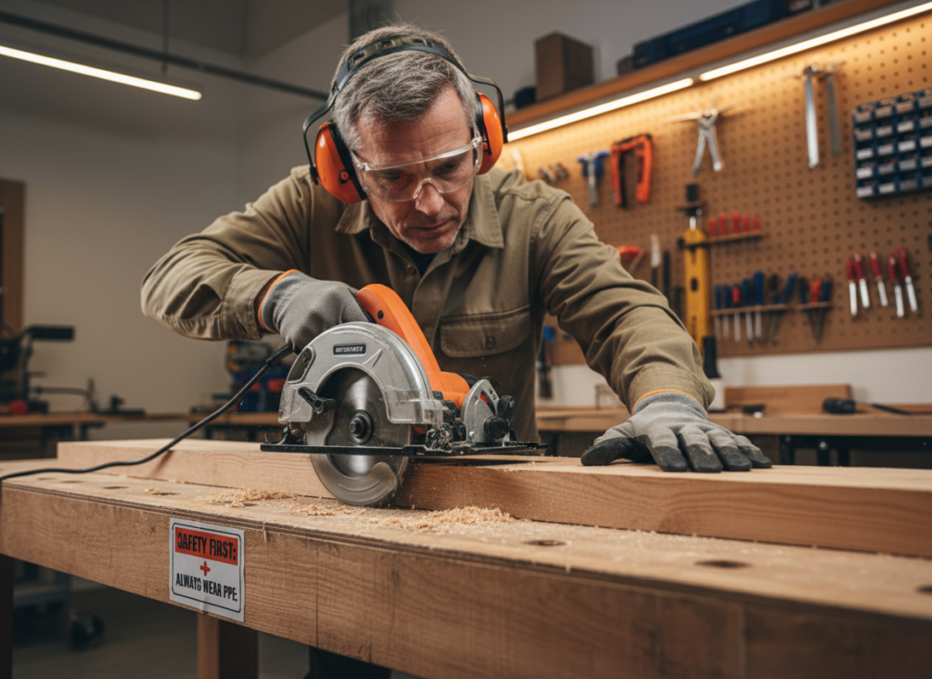 person wearing safety equipment using woodworking tools safely
