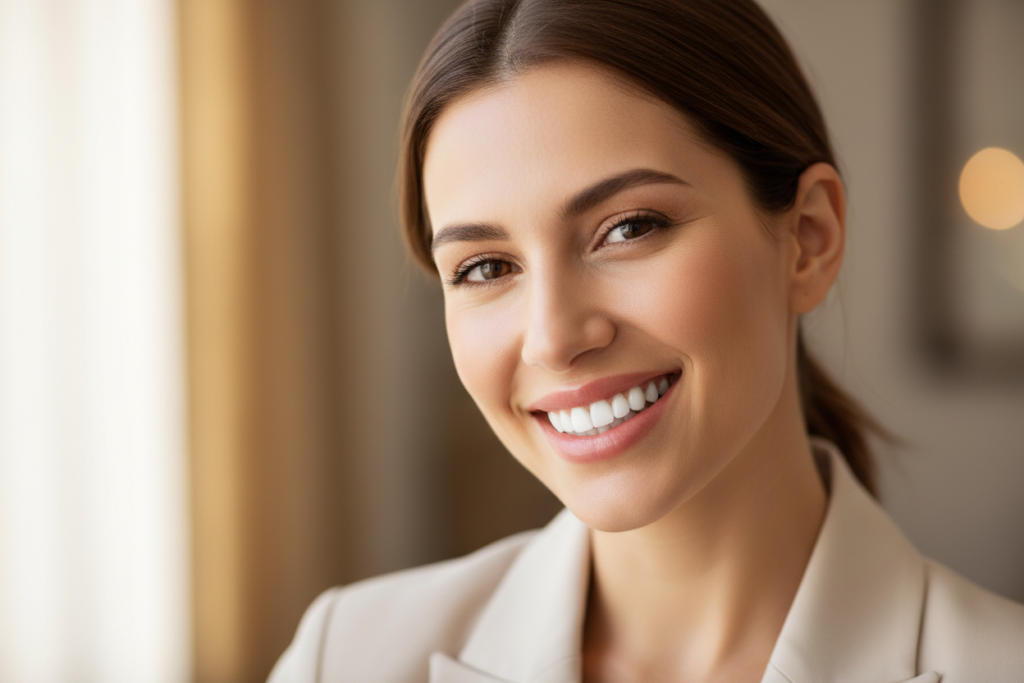 person with bright white smile showing successful natural teeth whitening results