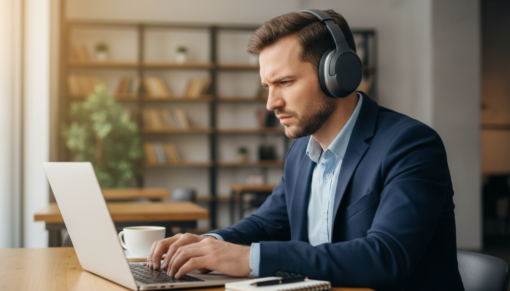 person with headphones in focused work state