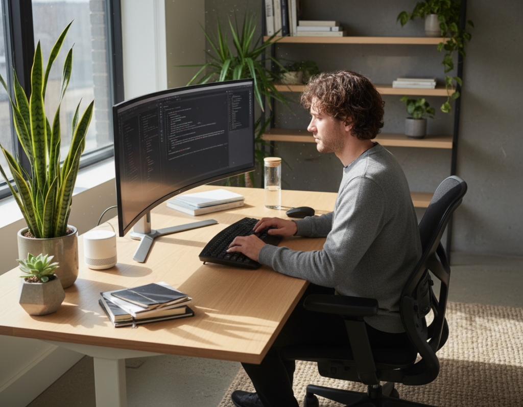 person working with focused attention and brain-healthy workspace person working with focused attention and brain-healthy workspace