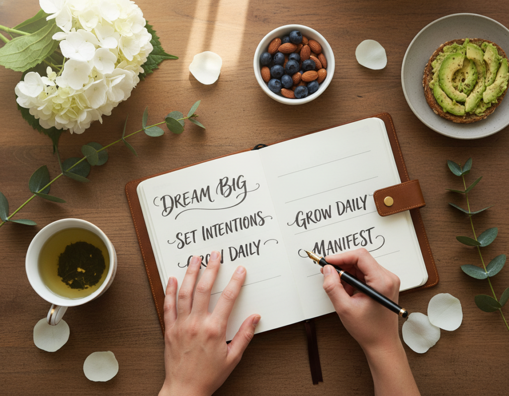 person writing goals and planning weight loss journey in journal