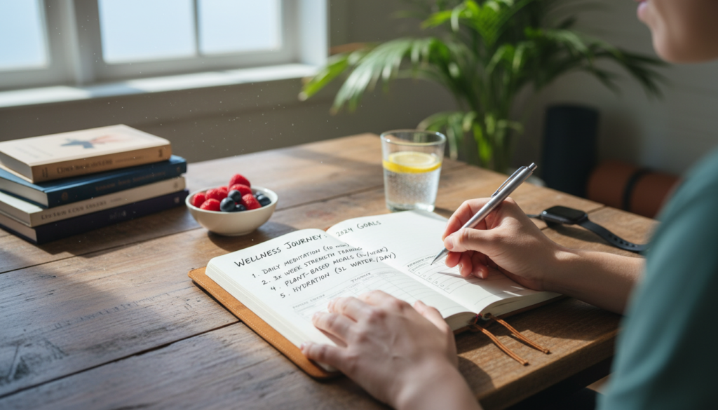 person writing goals in journal for dental health plan