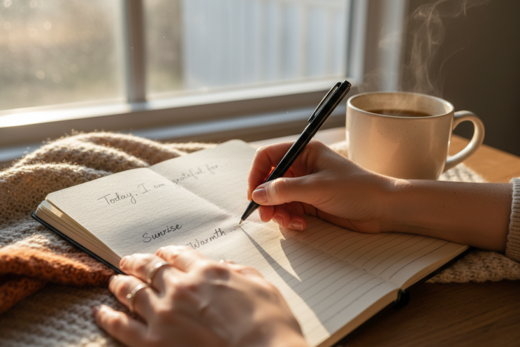 person writing in gratitude journal during morning routine for mental health