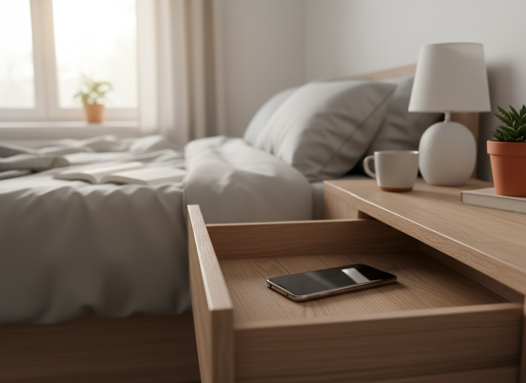 phone in drawer turned off during morning routine for mental clarity