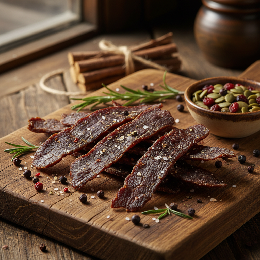 pieces of beef jerky on a wooden board