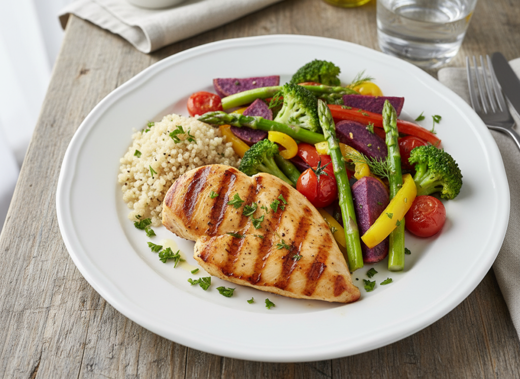 plate with grilled chicken breast and vegetables arranged with protein positioned prominently plate with grilled chicken breast and vegetables arranged with protein positioned prominently
