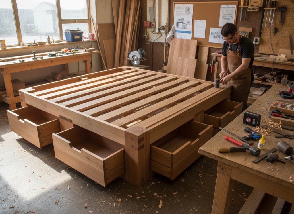 platform bed frame with built-in storage compartments