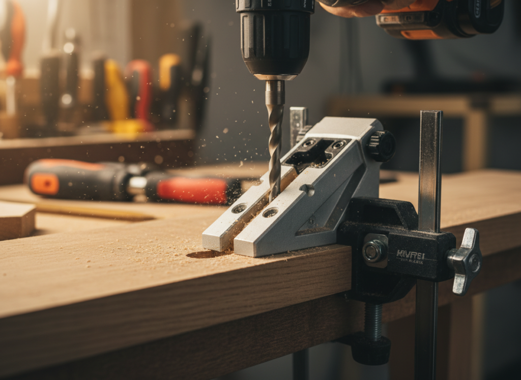 pocket hole jig being used to drill angled holes pocket hole jig being used to drill angled holes