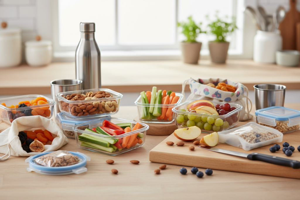 portable healthy snacks in bags and containers