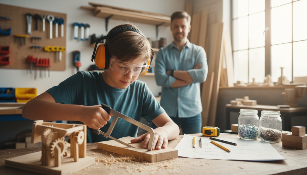 pre-teen working on intermediate woodworking project pre-teen working on intermediate woodworking project