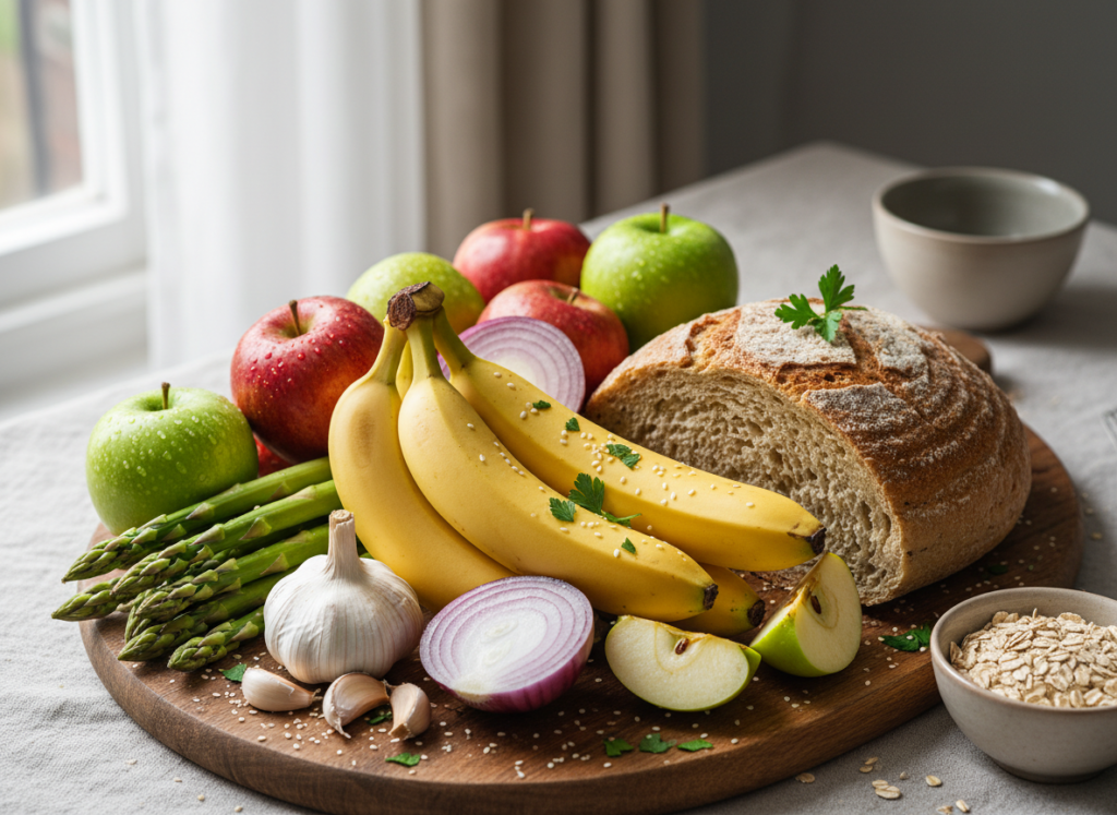 prebiotic fiber foods including fruits, vegetables, and whole grains for gut health