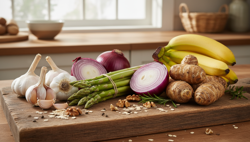 prebiotic foods including garlic, onions, and asparagus