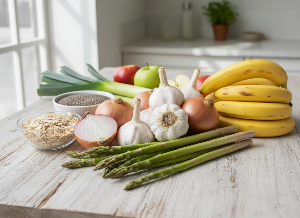prebiotic-rich foods including garlic, onions, asparagus, and bananas displayed together