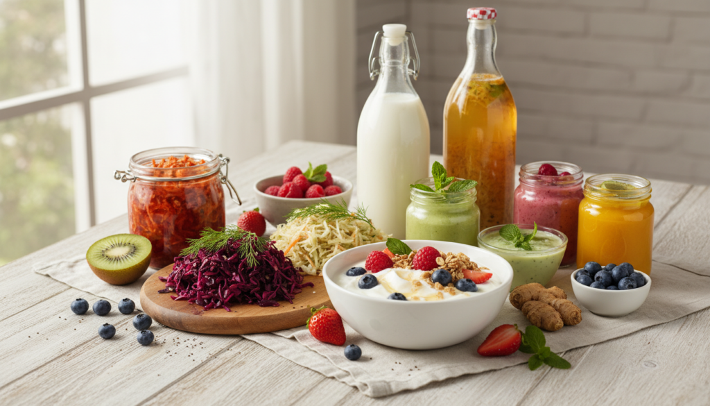 probiotic foods including yogurt kimchi and fermented vegetables