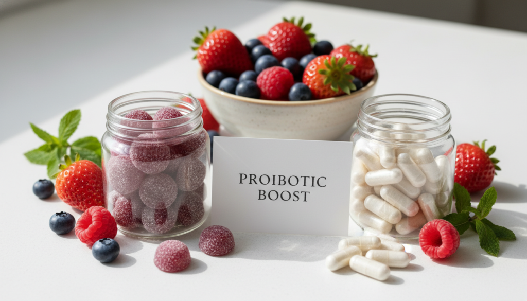probiotic gummies and capsules showing supplement variety for gut health support