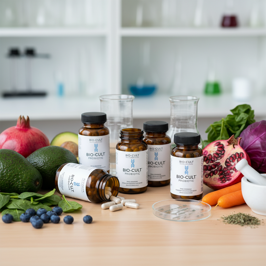 probiotic supplement bottles and capsules arranged with fresh healthy foods