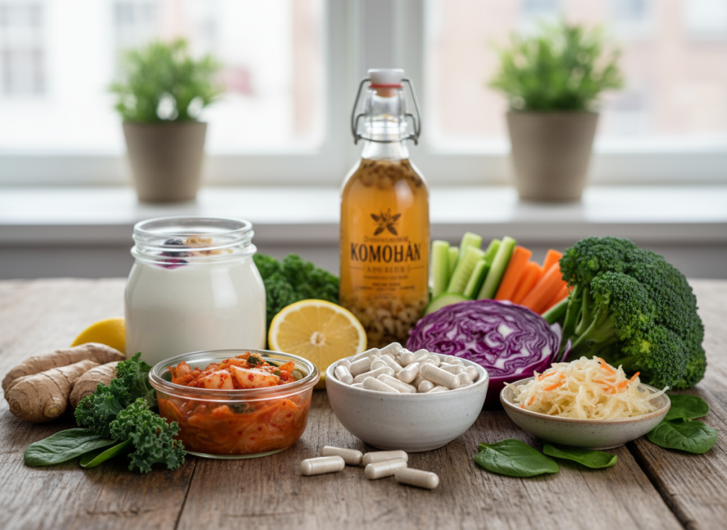 probiotic supplement capsules next to fresh healthy foods showing integrated approach probiotic supplement capsules next to fresh healthy foods showing integrated approach