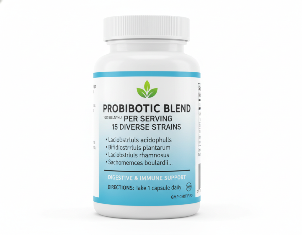 probiotic supplement label showing CFU count and strain information for digestive health