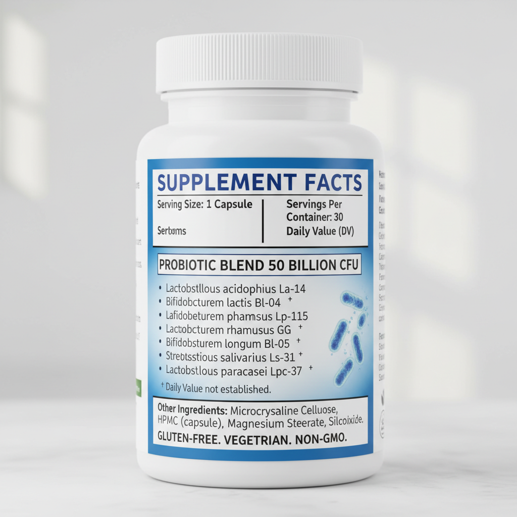 probiotic supplement label showing bacterial strains probiotic supplement label showing bacterial strains