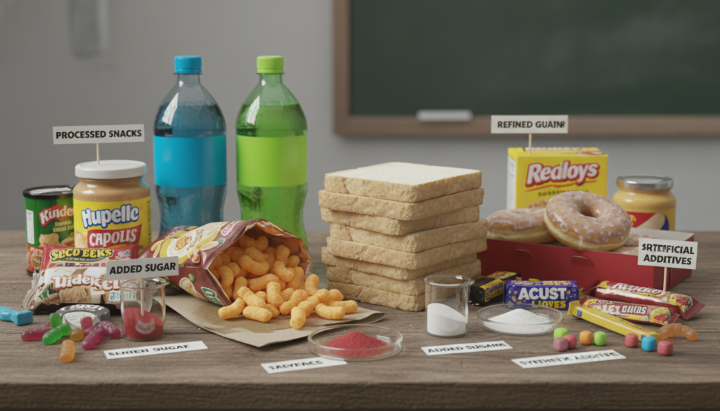 processed foods, refined sugar, and artificial ingredients that harm gut health