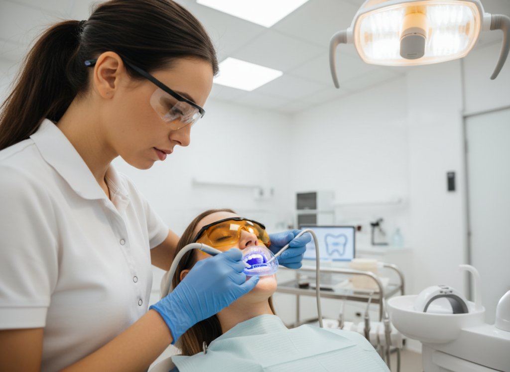 professional teeth whitening procedure showing white teeth tips application professional teeth whitening procedure showing white teeth tips application