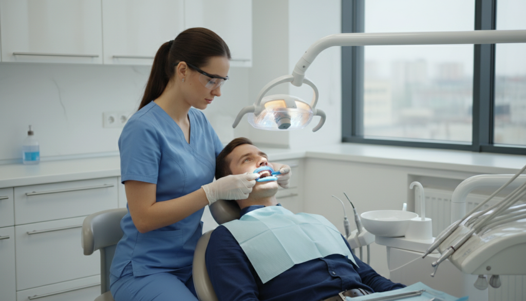 professional teeth whitening treatment being performed at dentist office professional teeth whitening treatment being performed at dentist office