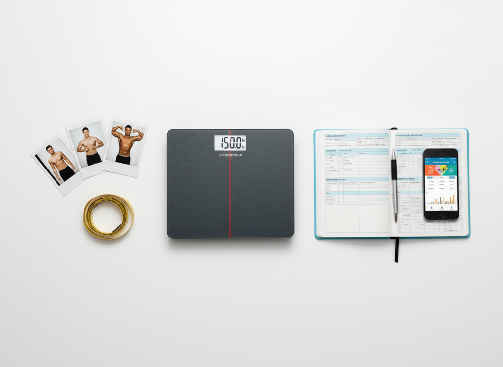 progress tracking tools including scale, measuring tape, and photos