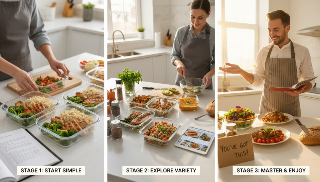 progressive steps showing healthy habit building with meal prep and planning progressive steps showing healthy habit building with meal prep and planning