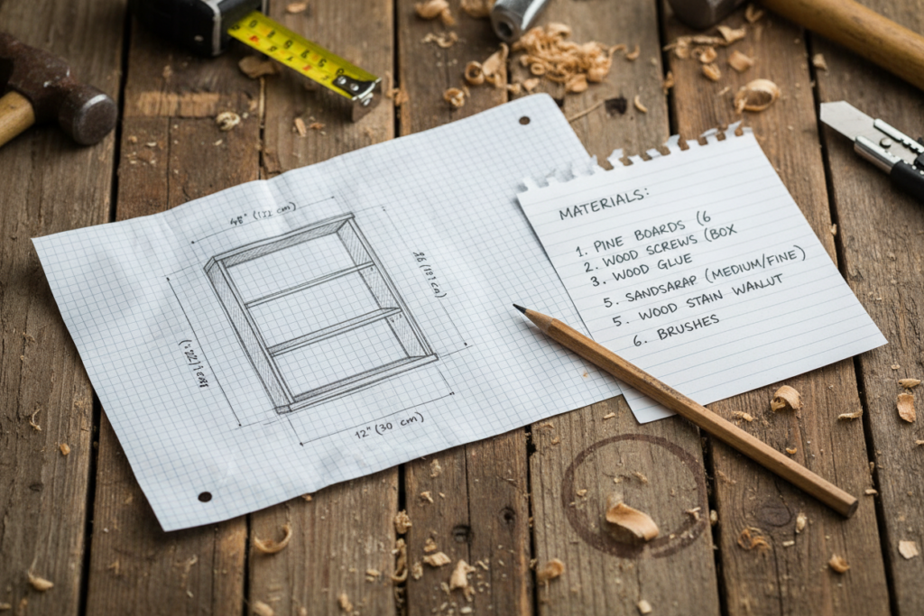 project sketch with dimensions and materials list on workbench