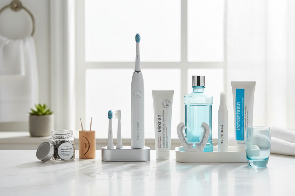 proper oral hygiene routine products laid out systematically proper oral hygiene routine products laid out systematically