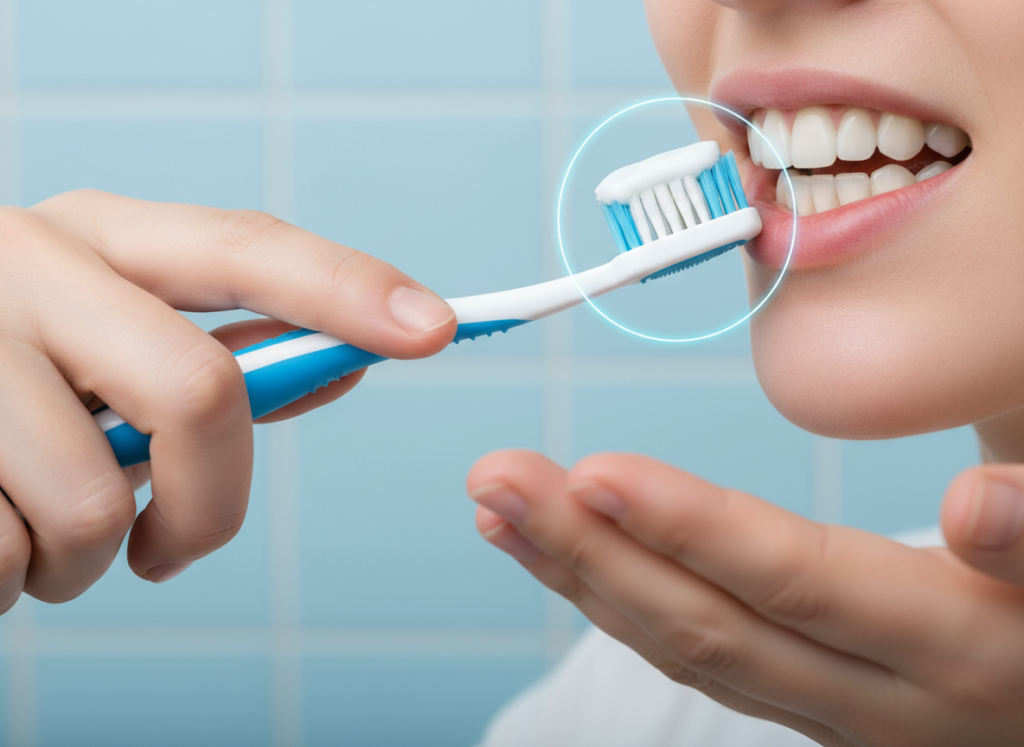 proper toothbrushing technique demonstration showing correct angle and motion