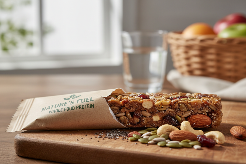 protein bar unwrapped on a surface